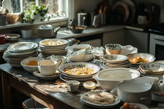 dirty dishes on a large modern table after holiday. Empty dirty plates with spoons and forks on the table after meal. Banquet ending concept. Unwashed dishes ready to cleaning