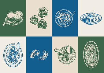 Minimalist hand drawn food and beverages vector illustration collection. Art for greeting cards, wedding invitations, poster design, postcards, branding, logo design, background.