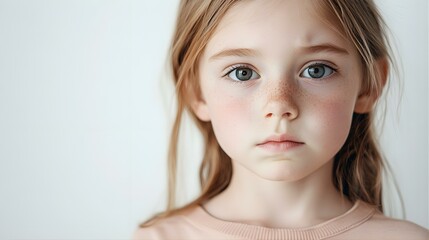 Sad Little Girl With Freckles Portrait Closeup