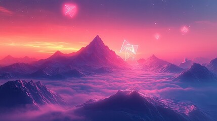 Fototapeta premium 17. A surreal, fog-covered mountain range with glowing, geometric shapes hovering in the sky