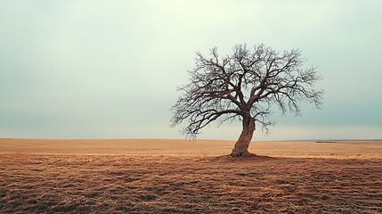 A single bare tree stretches across an empty field, stark against the landscape.