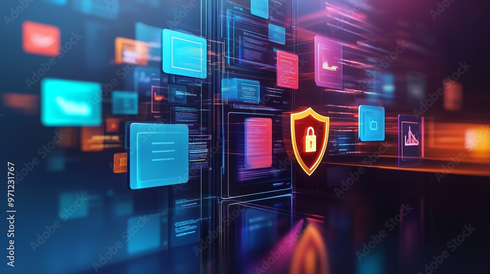 Poster Digital cybersecurity interface with colorful data blocks and shield symbol illuminated in a modern virtual environment