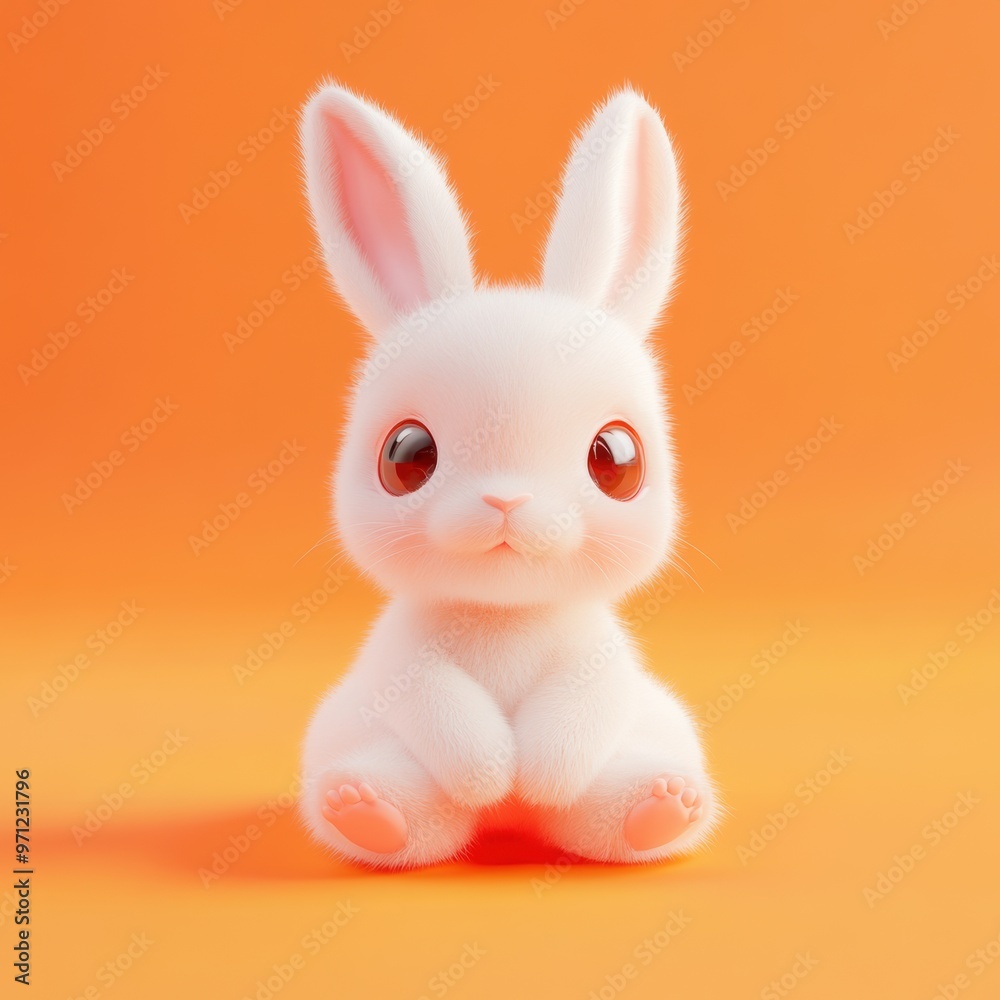 Poster a small white rabbit sitting on a yellow surface