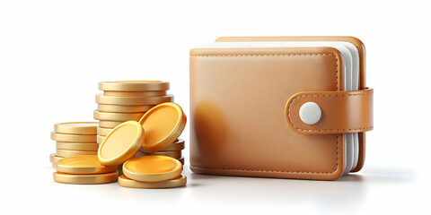 3D Levitating Wallet with Coins Concept - Clean Vector Design Illustrating a Modern Wallet Suspended in Mid-Air, Emphasizing Spending and Savings on White Background