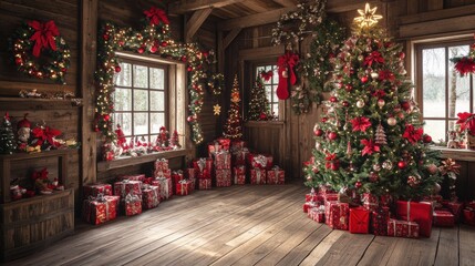 Fototapeta premium A room decorated for christmas with presents and a christmas tree