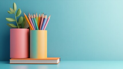 Fototapeta premium A stylish desk scene featuring colorful pencils and greenery in modern pots, perfect for creative workspace inspiration.
