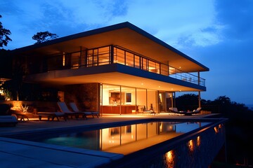 Obraz premium Modern Architecture House with Pool at Night