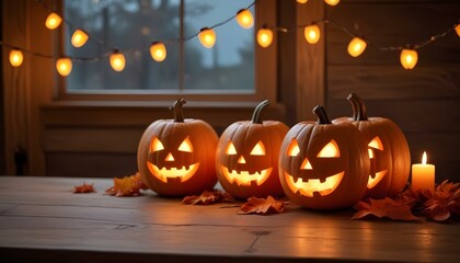 Carved jack-o'-lanterns with lit candles on a wooden table, surrounded by autumn leaves and string lights, creating a cozy and festive Halloween atmosphere.