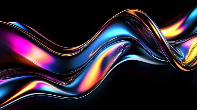 Shiny curved liquid metal with iridescent chromatic effects on black