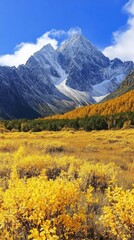 Fototapeta premium A field of yellow flowers with a mountain in the background