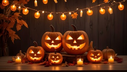 Fototapeta premium Carved jack-o'-lanterns with lit candles on a wooden table, surrounded by autumn leaves and string lights, creating a cozy and festive Halloween atmosphere.