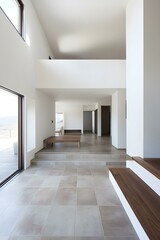 Fototapeta premium Modern Minimalist Home Interior Design With Wooden Steps and Large Windows