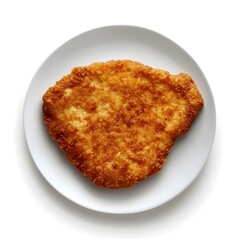 Golden crisp breaded schnitzel on white plate against minimalist background