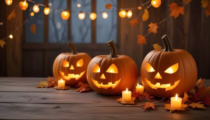 Carved jack-o'-lanterns with lit candles on a wooden table, surrounded by autumn leaves and string lights, creating a cozy and festive Halloween atmosphere.
