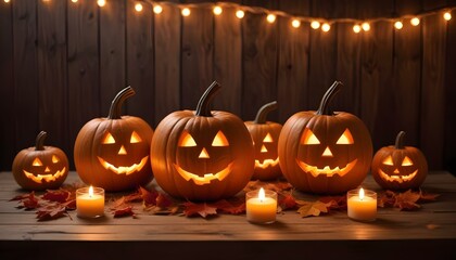 Fototapeta premium Carved jack-o'-lanterns with lit candles on a wooden table, surrounded by autumn leaves and string lights, creating a cozy and festive Halloween atmosphere.