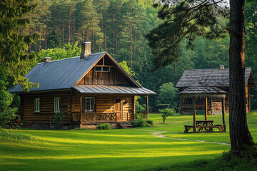A wooden log house with a gray roof and green grass in front of the forest.
