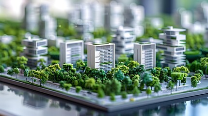 A miniature model of a modern city with sleek white buildings and lush green spaces, digitally rendered on a tablet, showcasing urban planning and development in a 3D concept