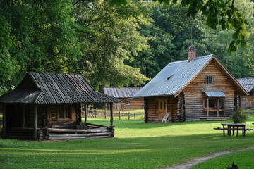 A wooden log house with a gray roof and green grass in front of the forest.