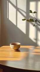 Teacup on Wooden Table with Sunlight and Window Shadows