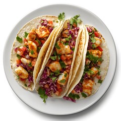 Delicious fish tacos with fresh veggie salsa and cilantro garnish on white plate