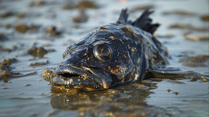 Fototapeta premium Dead fish entangled in plastic debris, lying on beach, washed ashore. Environmental impact of pollution