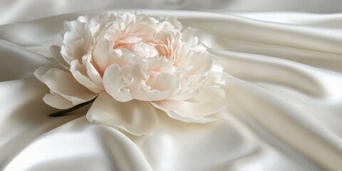 Obraz premium A delicate flower rests on smooth satin fabric, creating an elegant and serene composition.