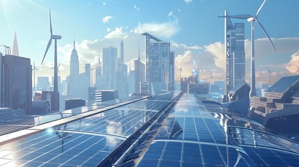 A modern cityscape with every rooftop covered in sleek solar panels, reflecting sunlight and showcasing renewable energy solutions, while wind turbines spin in the distance.