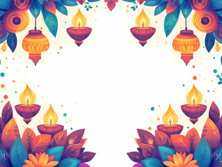 Elegant Flat Diwali Lanterns & Floating Peacock Feathers Border Frame with Ample Copy Space for Festive Wording - Luxurious Vector Design