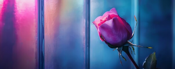 Illustrate a mystical stained glass window featuring a rose illuminated by moonlight, casting ethereal colors and shadows