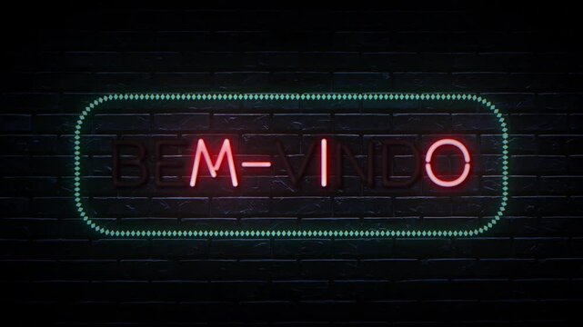 Red and blue neon Bem vindos word animation. Suitable for video intro or greetings. Neon animated video on a brick wall background, welcome words in Portuguese. 4K