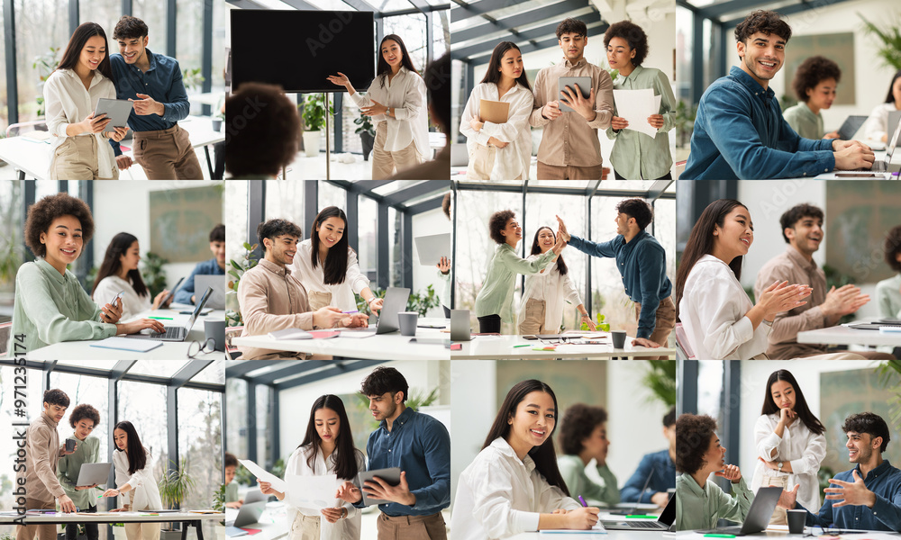 Poster a diverse group of professionals gathers in a bright, modern office filled with natural light. they 