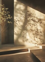 Sunlight and Shadow on Concrete Wall and Stairs