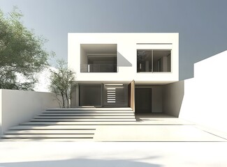 Minimalist Modern White House Exterior Design with Stairs