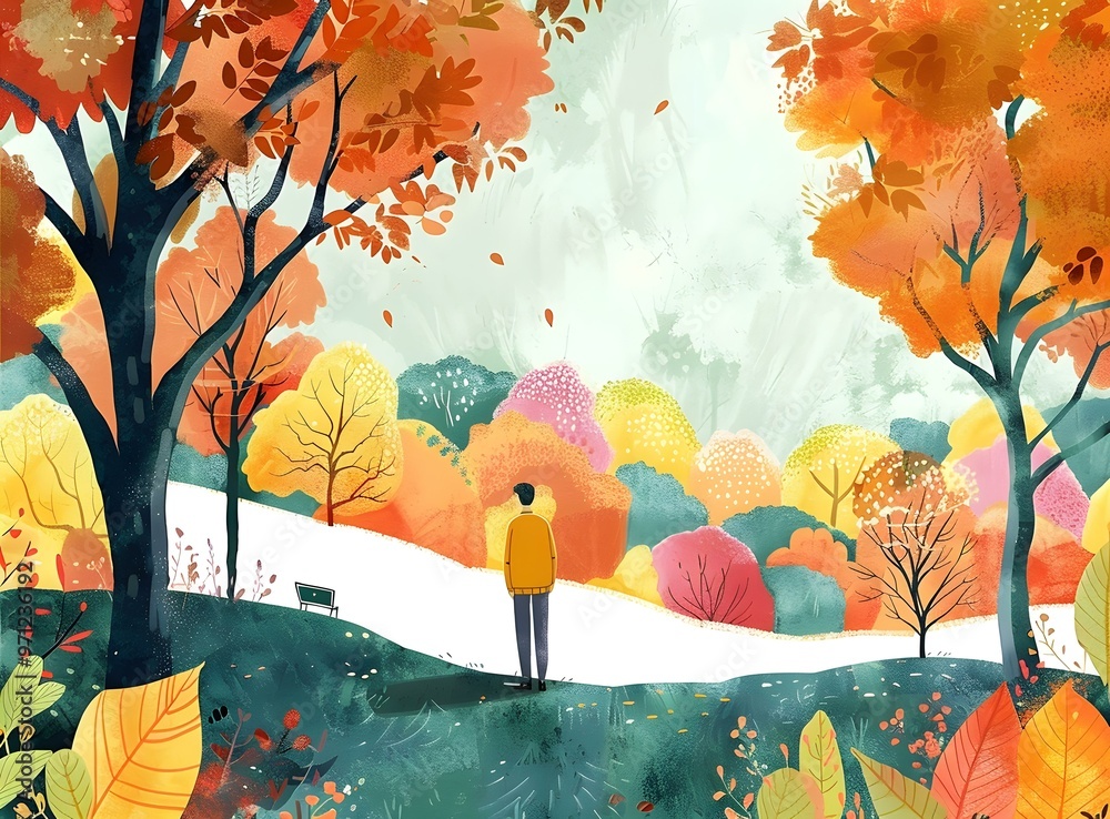 Sticker Autumn Landscape With Man Standing In Forest