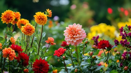 Dahlias bloom in autumn gardens.