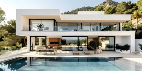 Fototapeta premium Modern White Villa with Swimming Pool and Stunning View