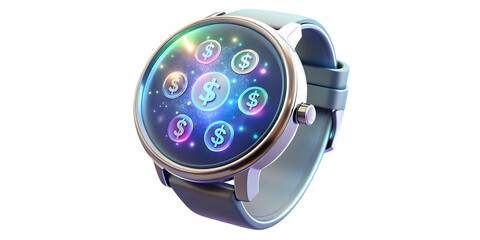 3D Smartwatch Mockup with Holographic Dollar and Euro Signs - Minimalistic Finance Concept with Ample Copy Space on White Background for Global Themes