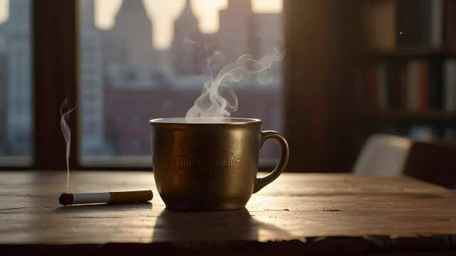 A glass of hot coffee, tea and cigarettes on the table. Seamless 4K looping timelapse video animation background