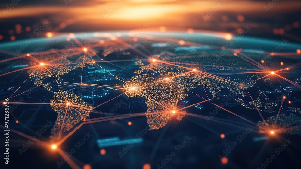 Poster global network visualization, with data streams and nodes connecting across a digital landscape, sym