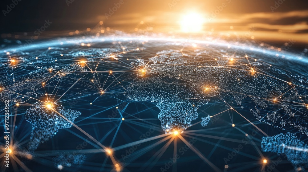 Poster global network concept, featuring a web of data lines and nodes that highlight the worldwide flow of