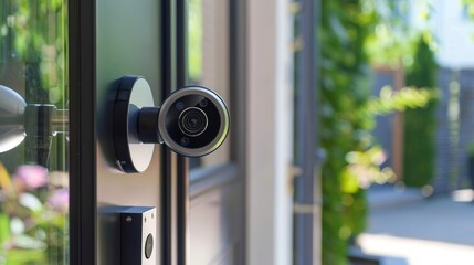 A modern smart doorbell camera mounted on a stylish exterior door, enhancing home security and convenience.
