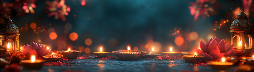 Fototapeta premium Spiritual Diwali Lantern and Ganesha Motif Border Frame with Copy Space for Cultural Heritage Celebrations