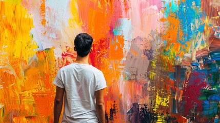 Obraz premium A person standing in front of a vibrant abstract painting, absorbed in the colors and textures of modern art.