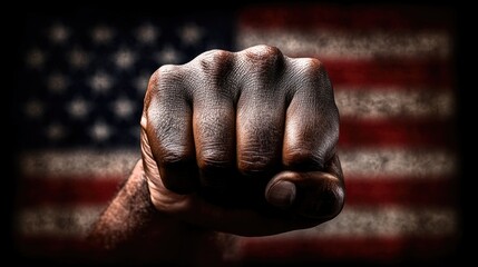 A man's fist against the background of the US flag as a symbol of protest, strike, demonstrations, struggle for rights, strength, victory, independence, fighting for a just cause and patriotism.