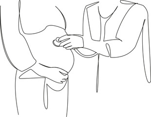 One continuous single drawing line art flat doodle doctor, hospital, care, pregnant, examining, mother, patient, female, two people. Isolated image hand draw contour on a white background
