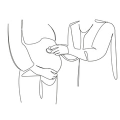 One continuous single drawing line art flat doodle doctor, hospital, care, pregnant, examining, mother, patient, female, two people. Isolated image hand draw contour on a white background

