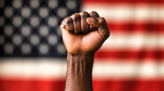A man's fist against the background of the US flag as a symbol of protest, strike, demonstrations, struggle for rights, strength, victory, independence, fighting for a just cause and patriotism. - Powered by Adobe