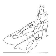 One continuous single drawing line art flat doodle osteopath, physical therapy, patient, recovery, head, medicine, pain, person, female. Isolated image hand draw contour on a white background