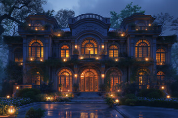 Fototapeta premium A picture of a mansion at dusk with fairy lights.
