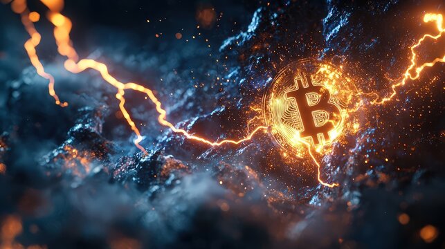 An abstract visualization showing the surge of cryptocurrency, symbolized by a bitcoin with a dramatic lightning strike.